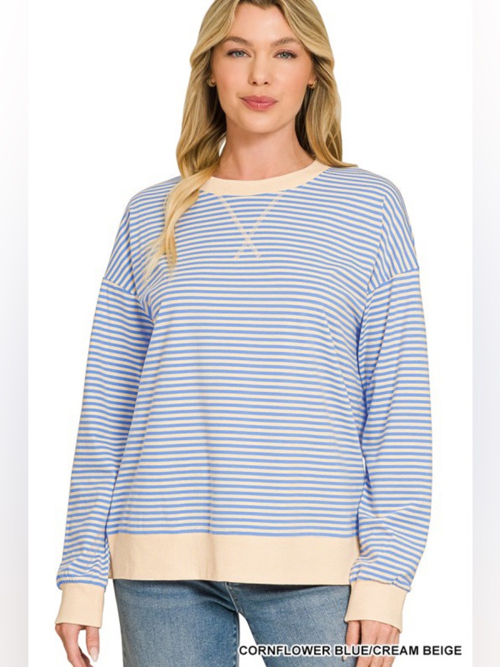 Striped Blue and Cream Long Sleeve Women’s Top